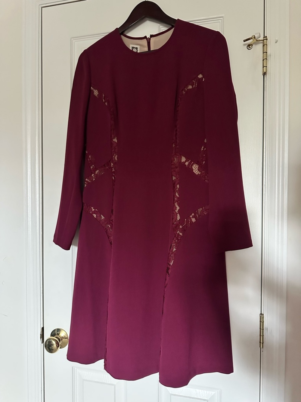 Anne Klein Wine Lace-Panel Long-Sleeve Dress